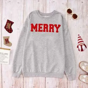BOUTIKOME Merry Christmas Sweatshirts for Women Glitter Patch Merry Letter Shirts Chenille Patch Oversized Pullover Tops(Grey-71,S)