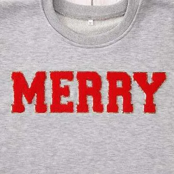BOUTIKOME Merry Christmas Sweatshirts for Women Glitter Patch Merry Letter Shirts Chenille Patch Oversized Pullover Tops(Grey-71,S)