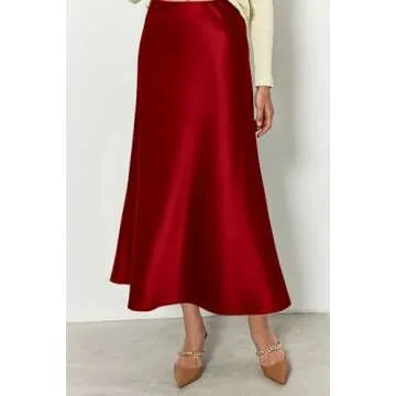 PRETTYGARDEN Women's Summer Midi Satin Skirt Dressy Casual High Waisted A Line Flowy Ruffle Elegant Party Skirts (Dark Red,Small)