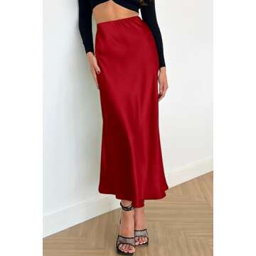PRETTYGARDEN Women's Summer Midi Satin Skirt Dressy Casual High Waisted A Line Flowy Ruffle Elegant Party Skirts (Dark Red,Small)