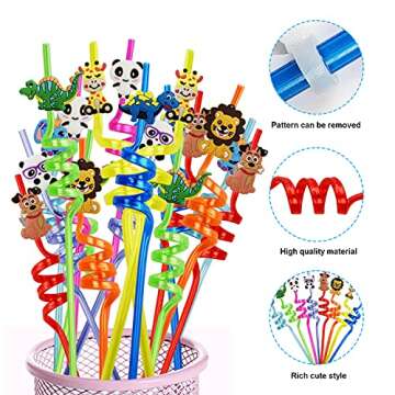 Ynaize 8 Pieces Resuable Plastic Straws Jungle Safari Zoo Animals Crazy Straws Kids Girls Boys Wild One Party Straws Party Supplies Dinosaur Birthday Party Favors Decorations