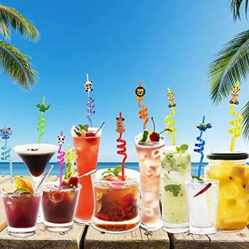 Ynaize 8 Pieces Resuable Plastic Straws Jungle Safari Zoo Animals Crazy Straws Kids Girls Boys Wild One Party Straws Party Supplies Dinosaur Birthday Party Favors Decorations