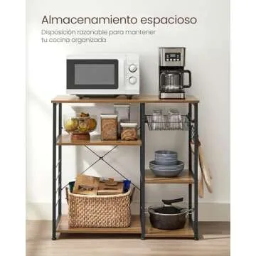 VASAGLE ALINRU Kitchen Baker’s Rack, Coffee Bar, Microwave Oven Stand, with Steel Frame, Wire Basket, 6 Hooks, for Mini Oven, Spices Utensils, Industrial, Rustic Walnut and Black UKKS090B41
