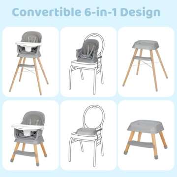 Ezebaby Portable Baby High Chair, High Chairs for Babies and Toddlers with Adjustable Legs, 6-in-1 Convertible to Booster Seat for Dining Table, Toddlers High Chair with Double Cushions - Grey