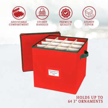 HOLDN’ STORAGE Christmas Ornament Storage Box with Lid - Christmas Décor Storage Containers that Store up to 64 Holiday Ornaments - Red/Green Trim