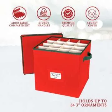 HOLDN’ STORAGE Christmas Ornament Storage Box with Lid - Christmas Décor Storage Containers that Store up to 64 Holiday Ornaments - Red/Green Trim