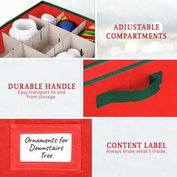 HOLDN’ STORAGE Christmas Ornament Storage Box with Lid - Christmas Décor Storage Containers that Store up to 64 Holiday Ornaments - Red/Green Trim