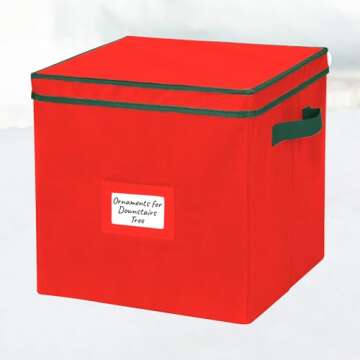 HOLDN’ STORAGE Christmas Ornament Storage Box with Lid - Christmas Décor Storage Containers that Store up to 64 Holiday Ornaments - Red/Green Trim