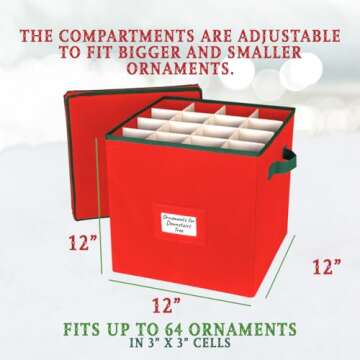 HOLDN’ STORAGE Christmas Ornament Storage Box with Lid - Christmas Décor Storage Containers that Store up to 64 Holiday Ornaments - Red/Green Trim