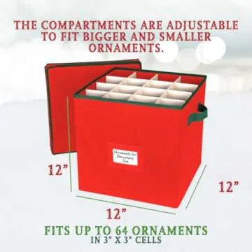 HOLDN’ STORAGE Christmas Ornament Storage Box with Lid - Christmas Décor Storage Containers that Store up to 64 Holiday Ornaments - Red/Green Trim