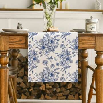 Artoid Mode Spring Navy Blue Floral Chinoiserie Table Runner, Seasonal Summer Kitchen Dining Table D...