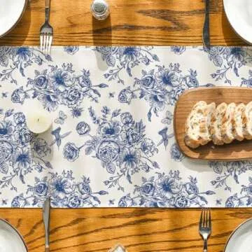 Artoid Mode Spring Navy Blue Floral Chinoiserie Table Runner, Seasonal Summer Kitchen Dining Table Decoration for Home Party Decor 13x72 Inch