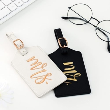 CHOIEO Mr and Mrs Luggage Tags, Bridal Shower Gift Honeymoon Gifts Wedding Gifts for Bride, PU Leather Travel Tags with Name ID Address Card (White&Black)