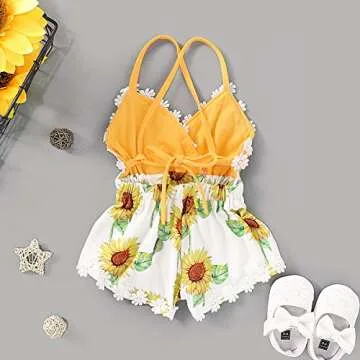Happy Town Summer Toddler Baby Girl Clothes Cute Fruit/Flower Print Lace Trim Backless Romper Shorts Jumpsuit (Yellow, 3T)