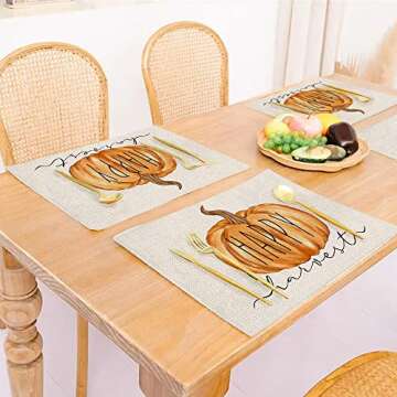ARKENY Fall Thanksgiving Pumpkin Happy Harvest Placemats 12x18 Inches Set of 4,Seasonal Burlap Farmhouse Indoor Kitchen Dining Table Decoration for Home Party AP120-18