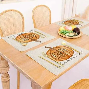 ARKENY Fall Thanksgiving Pumpkin Happy Harvest Placemats 12x18 Inches Set of 4,Seasonal Burlap Farmhouse Indoor Kitchen Dining Table Decoration for Home Party AP120-18