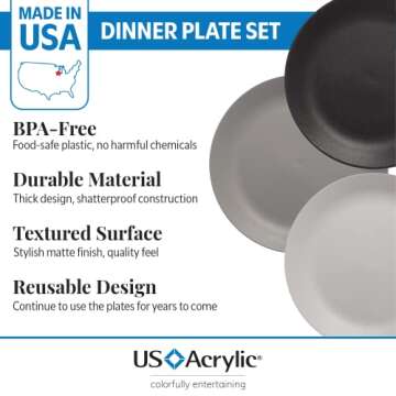 US Acrylic Everest Ultra-Durable Plastic 10 inch Dinner Plates in Grey Stone | Set of 6 Reusable, BPA-Free, Made in the USA, Dishwasher Safe Dinnerware