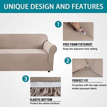 PrimeBeau Stretch Sofa Slipcover for 3 Cushion Couch 1-Piece Sofa Cover with Elastic Bottom, Jacquard Polyester Spandex Furniture Protector Sofa Covers for Living Room,Machine Washable, Sofa, Sand