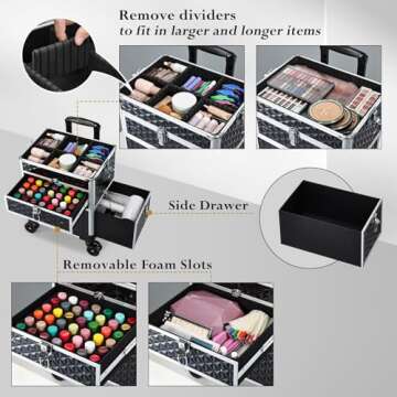 Joligrace Rolling Makeup Case with Wheels & Drawers Large Professional Cosmetology Trolley Case Lockable Travel Cosmetic Storage Train Cases for Nail Technicians, Makeup Artist and Hairstylist