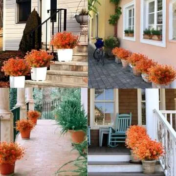 Realistic Artificial Fall Flowers Mums for Outdoor Decoration UV Resistant Fake Autumn Floral Arrangement Outside Faux Greenery Fall Plastic Plants for Front Porch Pot Garden Window Box (8 Bundles)
