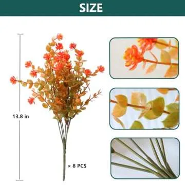 Realistic Artificial Fall Flowers Mums for Outdoor Decoration UV Resistant Fake Autumn Floral Arrangement Outside Faux Greenery Fall Plastic Plants for Front Porch Pot Garden Window Box (8 Bundles)