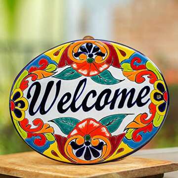 NOVICA Handmade Ceramic Wall Sign | Talavera Style Wall Decor | Mexico Multicolor Decor | Folk Art Multicolor Mexican Pottery | Welcome Plaque | Hand Painted Indoor & Outdoor | 8.25"H x10.25"W x 0.3"D