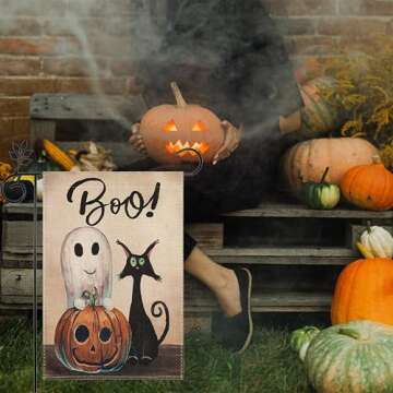 Happy Halloween Ghost Cat Boo Garden Flag - 12x18 Inch