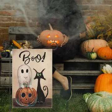 Happy Halloween Ghost Cat Boo Garden Flag - 12x18 Inch