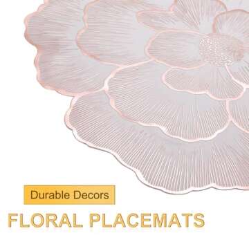 uxcell White Pink Floral Rose Round Placemats Set of 8 for Dinner Tables, Metallic Polyvinyl Pressed Placemats Washable Table Mats for Dinner Table Decor (15" x 15"/38 x 38cm)