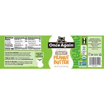 Once Again Organic Crunchy Peanut Butter, 16oz - Lightly Salted, Unsweetened - USDA Organic, Gluten Free Certified, Vegan, Kosher - Glass Jar