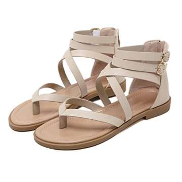 SHIBEVER Womens Gladiator Sandals Strappy: Dressy Flat Summer Ankle Strap Roman Comfortable Apricot Size 8.5 Sandal Flats