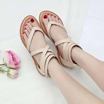 SHIBEVER Womens Gladiator Sandals Strappy: Dressy Flat Summer Ankle Strap Roman Comfortable Apricot Size 8.5 Sandal Flats