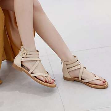 SHIBEVER Womens Gladiator Sandals Strappy: Dressy Flat Summer Ankle Strap Roman Comfortable Apricot Size 8.5 Sandal Flats