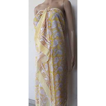 Cotton Sarong Indian Hand Block Print Cotton Scarf Sarong For Women's Beautiful Pareo Sexy Bikini Beach Cover Up Soft Voile Fabric Comfy Sarong Yellow