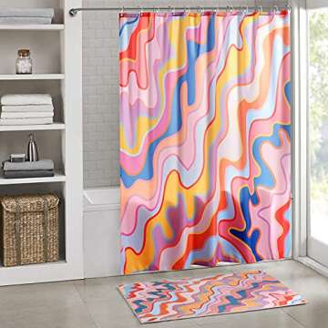 YoKii Vintage Abstract Art Fabric Shower Curtain Pastel Rainbow Colorful Groovy Waves Stripes Geomet...