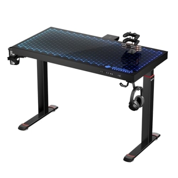 EUREKA ERGONOMIC RGB Glass Gaming Desk, Music Studio Desk, 47 Inch Adjustable Height Computer Desk M...
