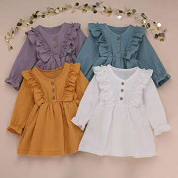 Arleysh Toddler Baby Girls Clothes Cotton Linen Button Dresses Outfits Cute Ruffle Princess Party Dress Long Sleeve Fall Dress (Green, 3-4T)