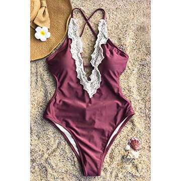 CUPSHE Enormous Enjoyment Lace One-Piece Swimsuit Beach Swimwear Bathing Suit (S) Wine Red