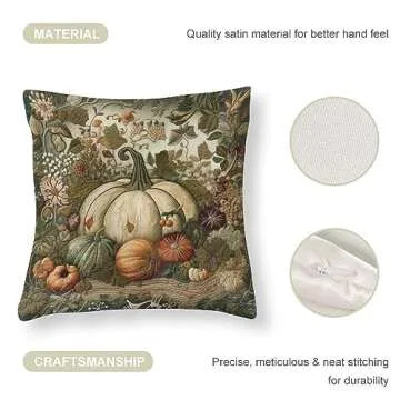 HighonHi 18"x18" Decorative Pillow Covers Happy Fall Harvest Pumpkin Satin Modern Cushion Case Fall Decor Grateful Thanksgiving Cooling Pillow Cases for Couch Sofa Bedroom Car Living Room