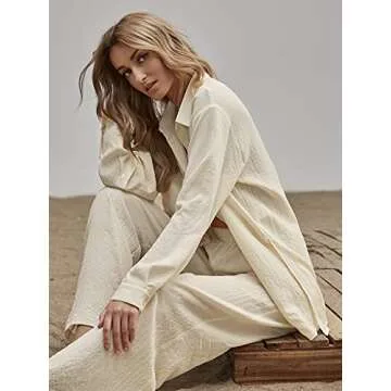 Floerns Women's 2 Piece Outfits Slit Hem Longline Blouse and Wide Leg Pants Set Plain Beige L