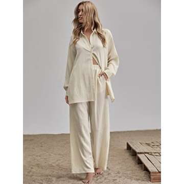 Floerns Women's 2 Piece Outfits Slit Hem Longline Blouse and Wide Leg Pants Set Plain Beige L
