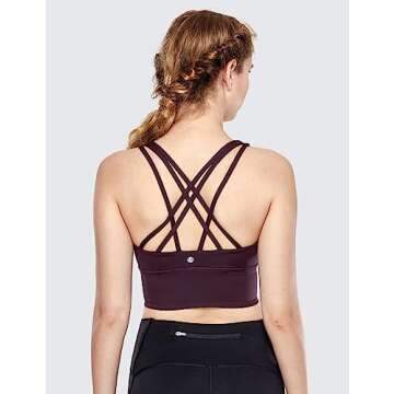 CRZ YOGA Women's Strappy Longline Sports Bras - Wirefree Padded Medium Impact Workout Crop Tank Top Dark Violet Small