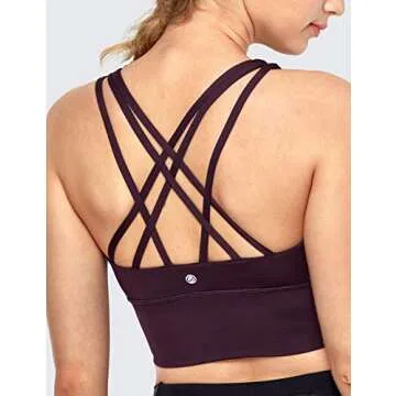 CRZ YOGA Women's Strappy Longline Sports Bras - Wirefree Padded Medium Impact Workout Crop Tank Top Dark Violet Small