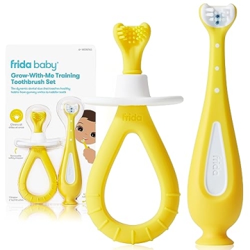 Frida Baby Grow-with-Me Baby Toothbrush Training Set | Infant to Toddler Toothbrush 0-12 months, Cle...