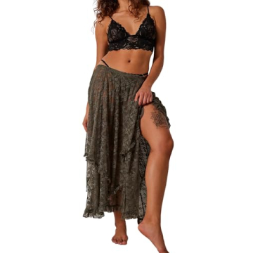 R.Vivimos Women Lace Long Skirts Summer Elastic Asymmetrical Layered Hem Sexy See-Through Beach Flor...