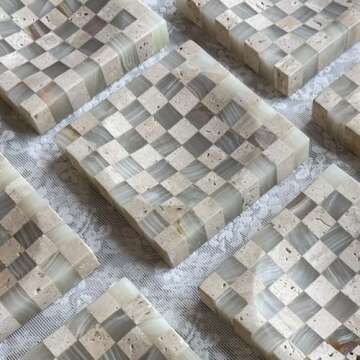 StonePlus Marble Stone Green Onyx with Travertine Checkerboard Square Small Splicing Mosaic Tray Jewelry Dish (Green and Beige)