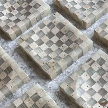 StonePlus Marble Stone Green Onyx with Travertine Checkerboard Square Small Splicing Mosaic Tray Jewelry Dish (Green and Beige)