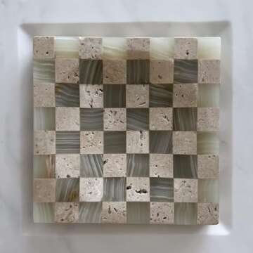 StonePlus Marble Stone Green Onyx with Travertine Checkerboard Square Small Splicing Mosaic Tray Jewelry Dish (Green and Beige)