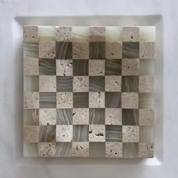 StonePlus Marble Stone Green Onyx with Travertine Checkerboard Square Small Splicing Mosaic Tray Jewelry Dish (Green and Beige)