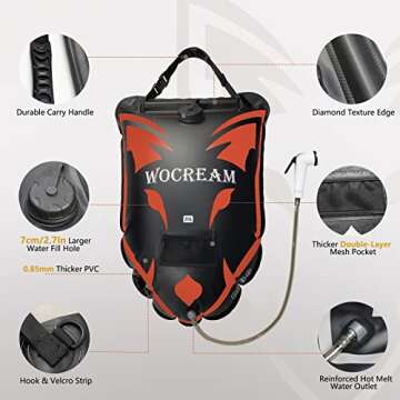 Wocream Wolf-Head Camping Shower Bag, 6.6 Gallons/25L Camp Shower Bag, Large Water Flow, Handheld Shower Head, Solar Heating PVC Shower Bag, Portable Shower for Camping(Orange Red)